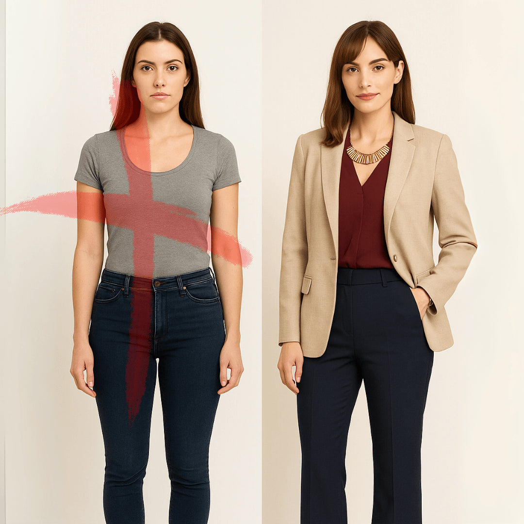 Comparatif morphologie en A : look à éviter avec jean skinny vs look à privilégier avec blazer beige IDY Paris et pantalon bootcut.